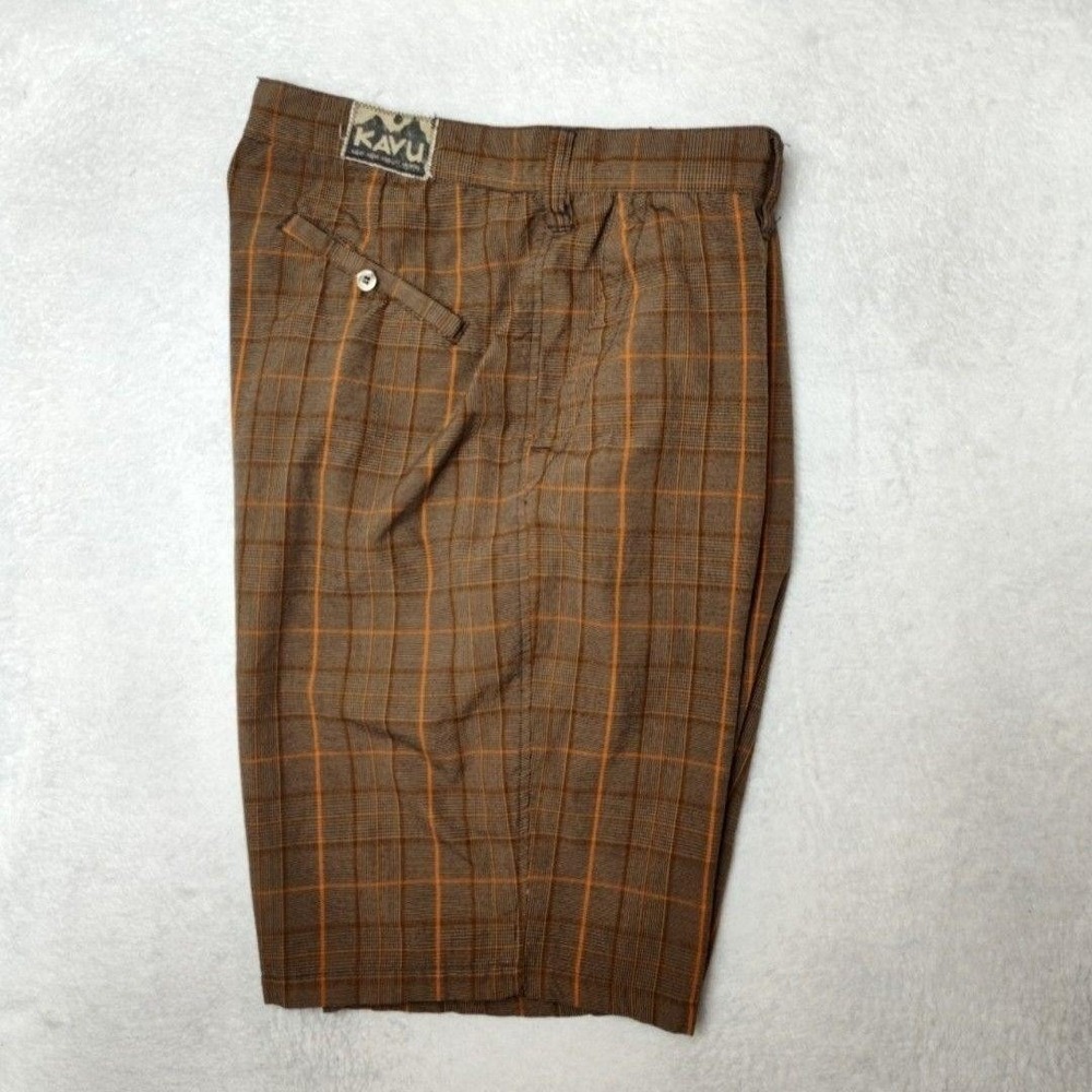 KAVU Shorts Mens 38 Brown Plaid 12" Chino Rayon Stretch Pockets‎ Casual Outdoor